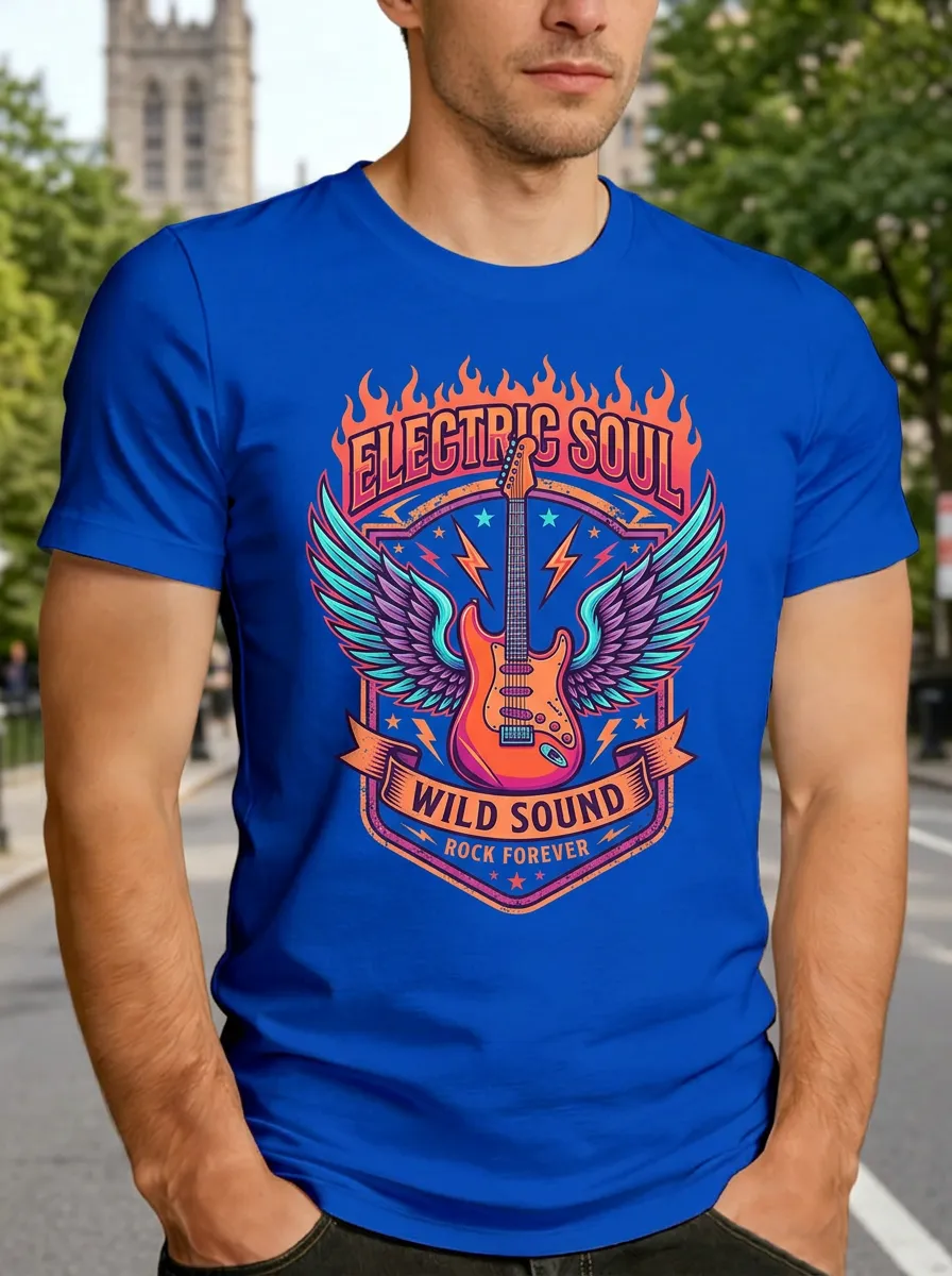 Men's Rock Music Lover Electric Guitar Wings Printed T-shirt