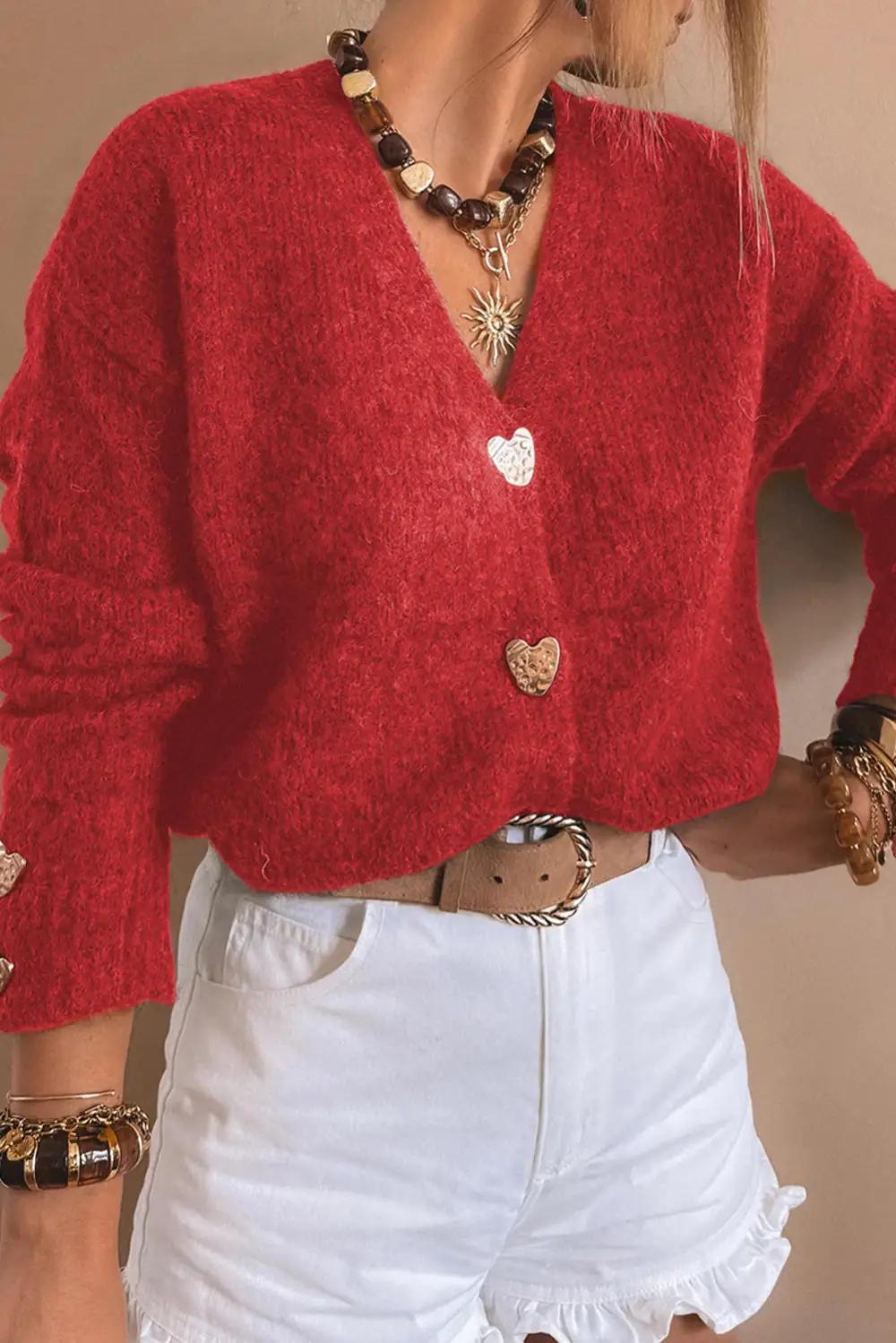 Button Front V Neck Heart Detail Cardigan
