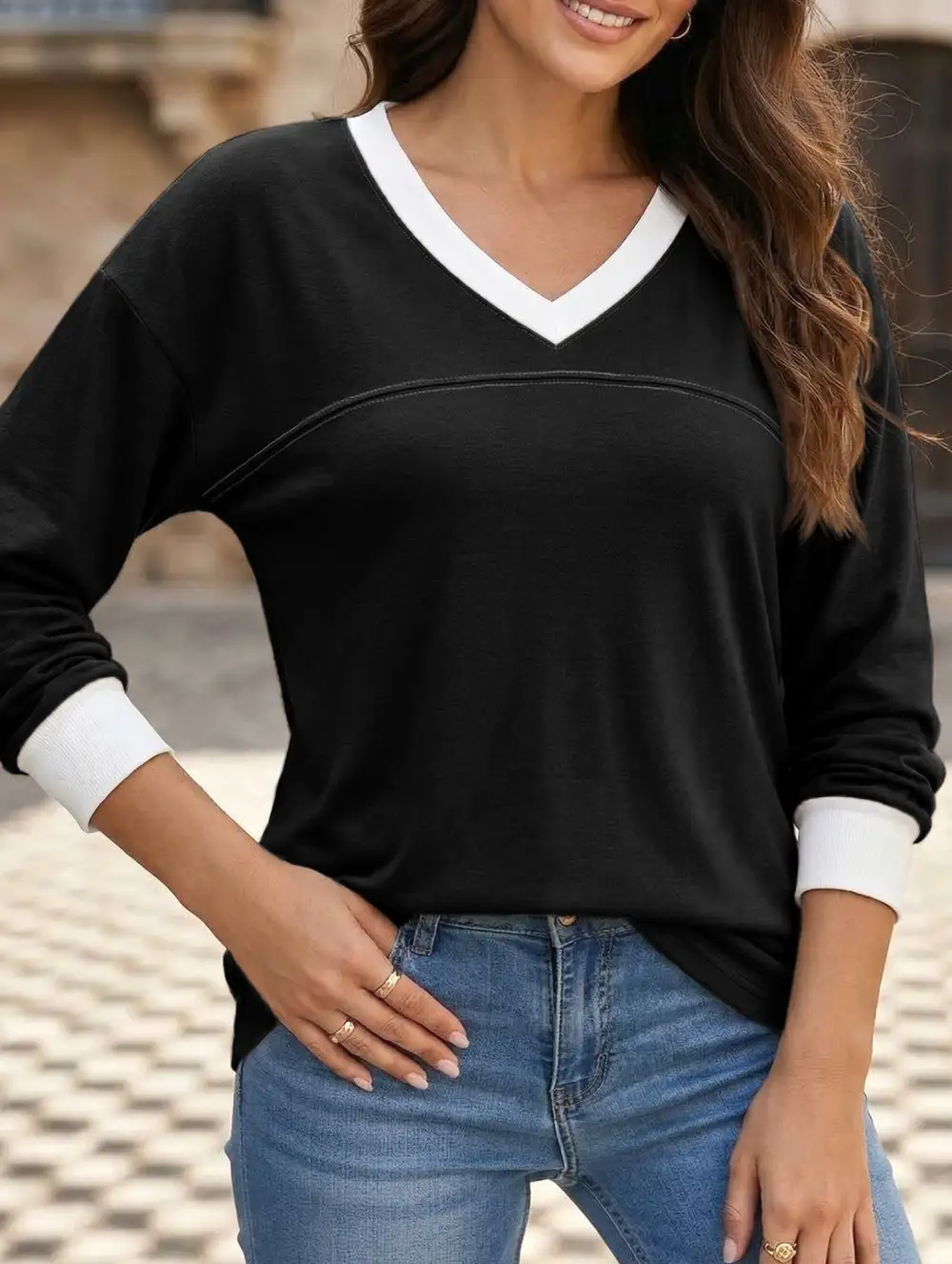 Contrast V Neck Loose Sweatshirt