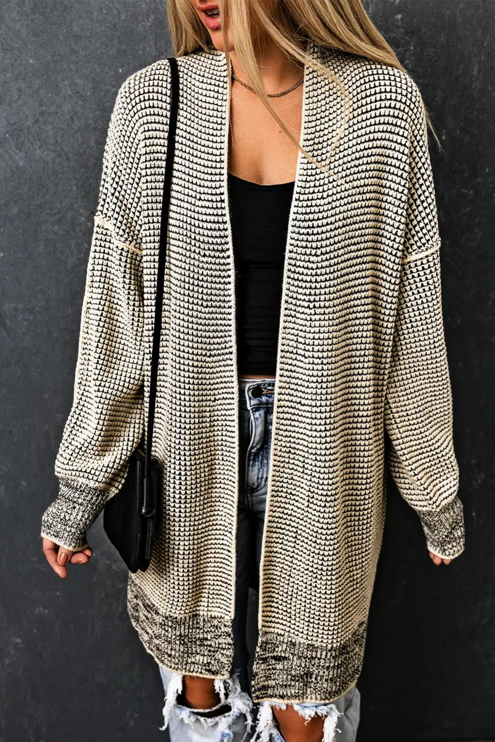 Plaid Knit Long Open Front Cardigan