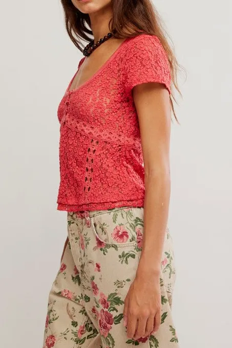 Red Floral Lace Square Neck Short Sleeve Top