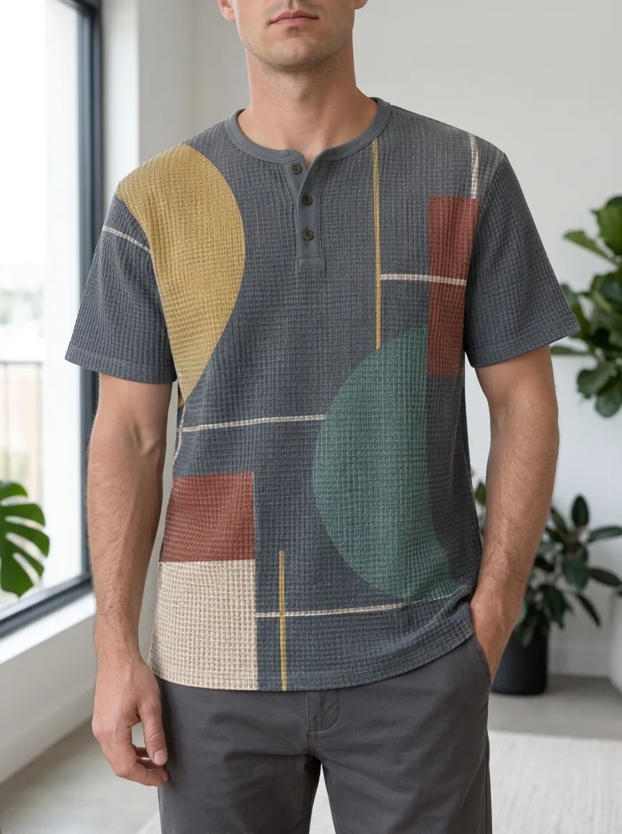 Men's Casual Abstract Geometric Waffle Henley T-Shirt