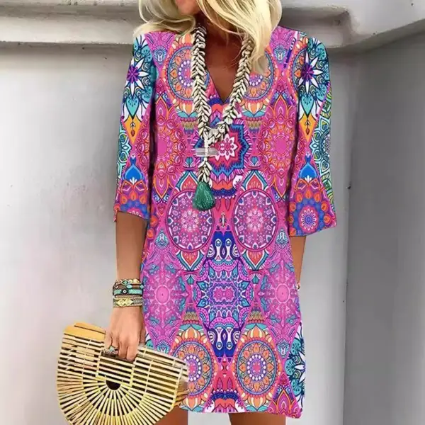 Women's A-Line V-Neck Three-Quarter-Sleeve Belted Dress
