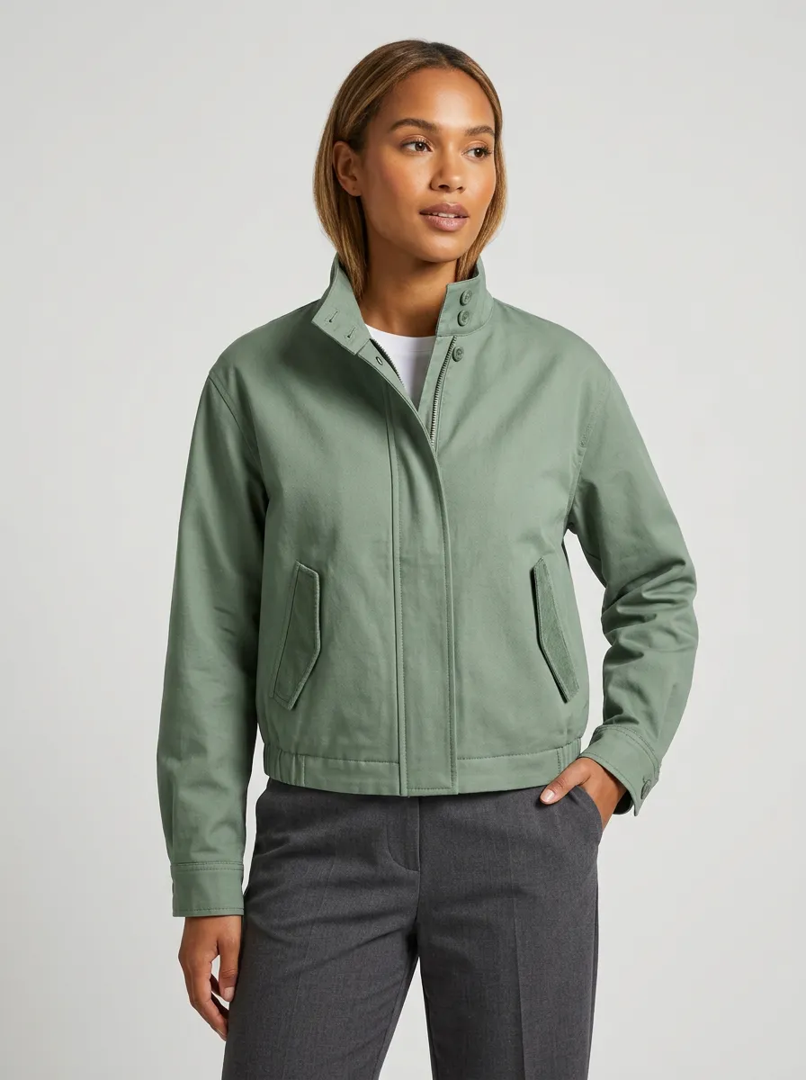 Women's Casual Sage Green Stand Collar Cotton Printed Jacket
