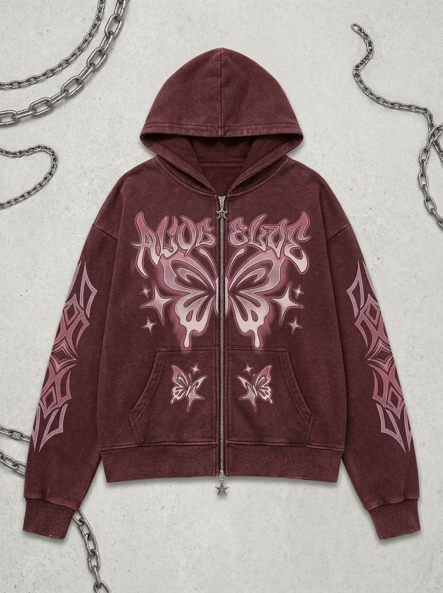 Unisex Streetwear Y2K Butterfly Graphic Printed Zip-up Hoodie