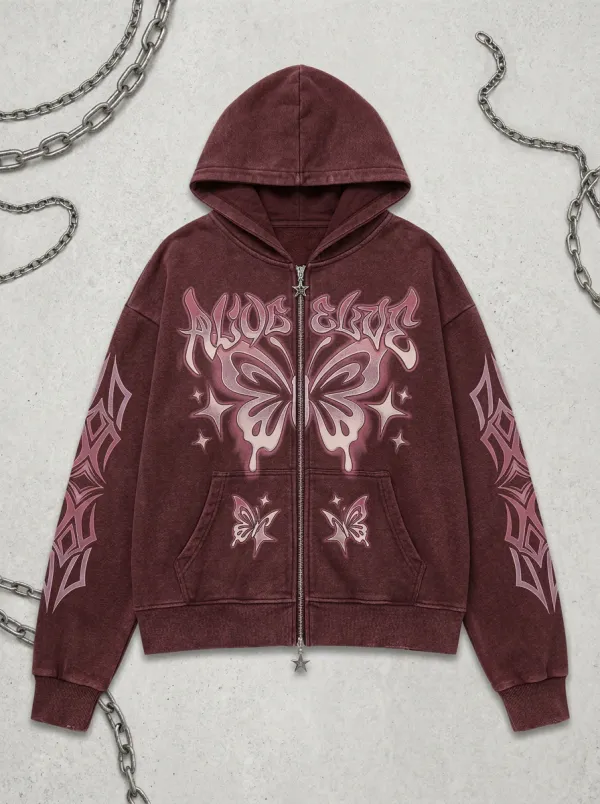Unisex Streetwear Y2K Butterfly Graphic Printed Zip-up Hoodie