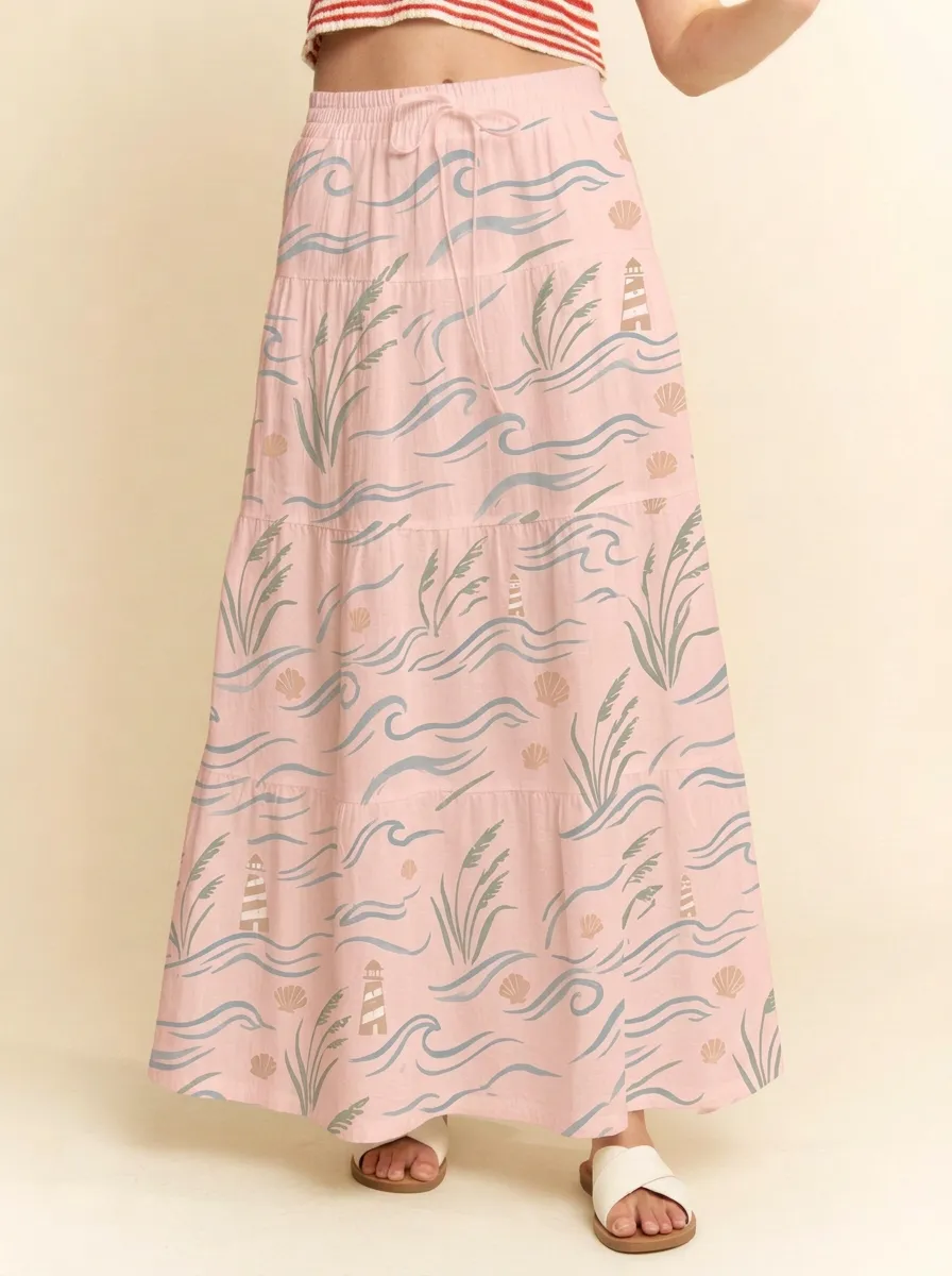 Women's Coastal Lighthouse Seashell Graphic Maxi Skirt