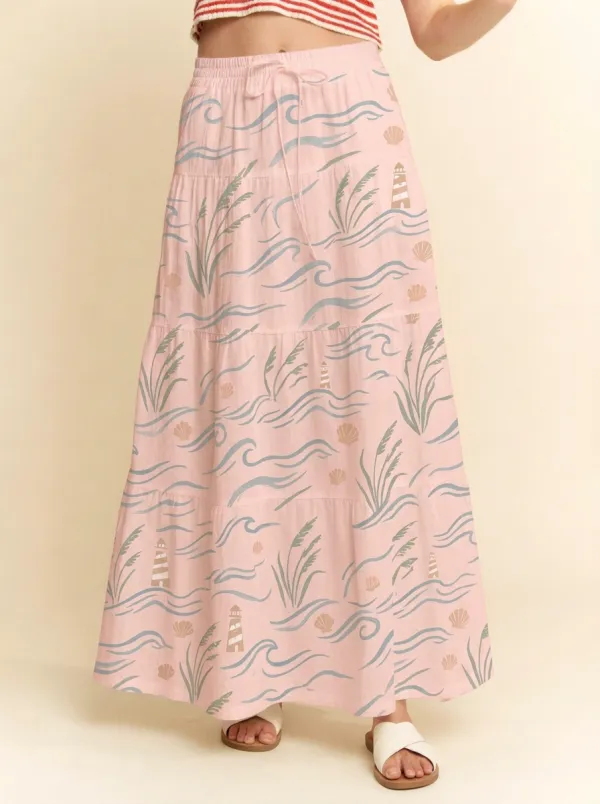 Women's Coastal Lighthouse Seashell Graphic Maxi Skirt