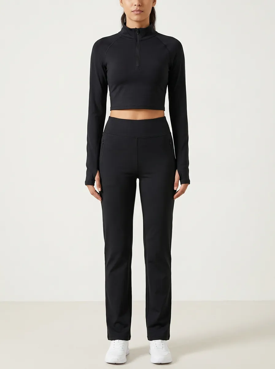 Women's Stand-Collar Half-Zip Thumbhole Crop Top and Zip-Pocket Pant Set