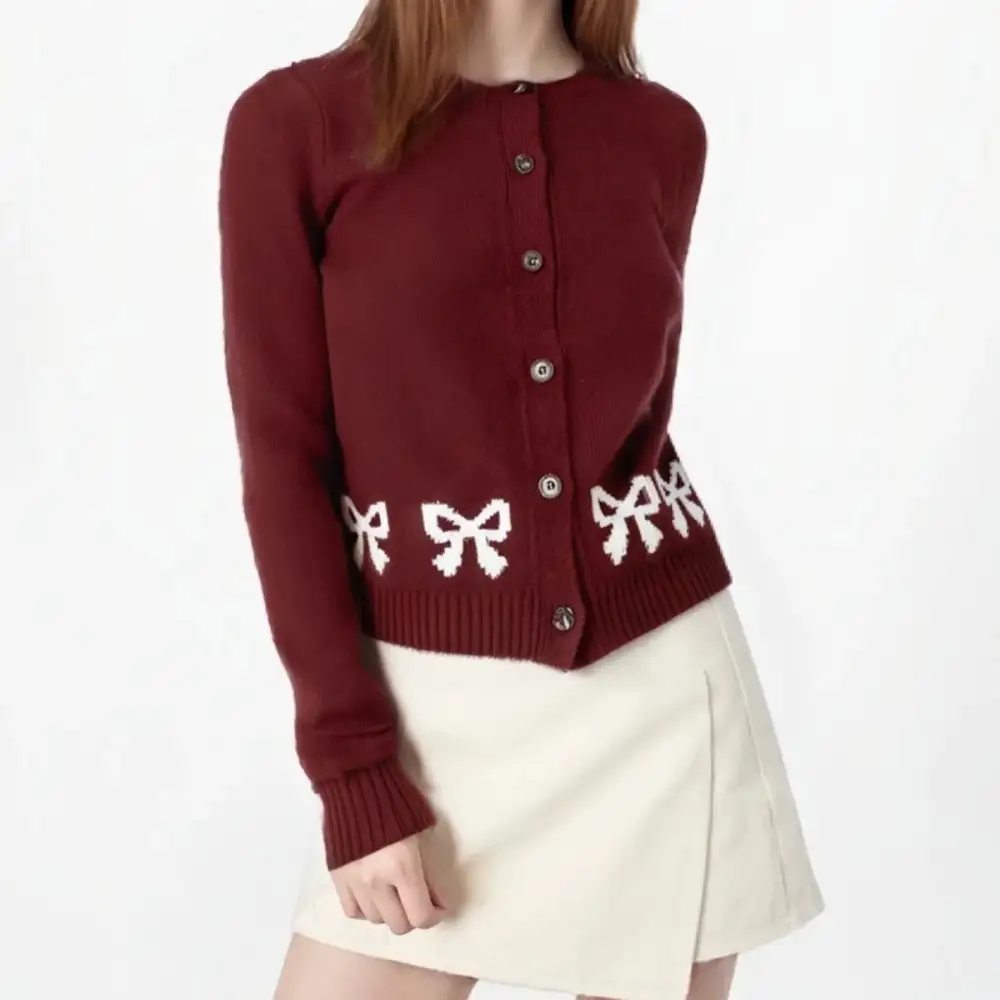 Bow Print Crew Neck Knit Cardigan