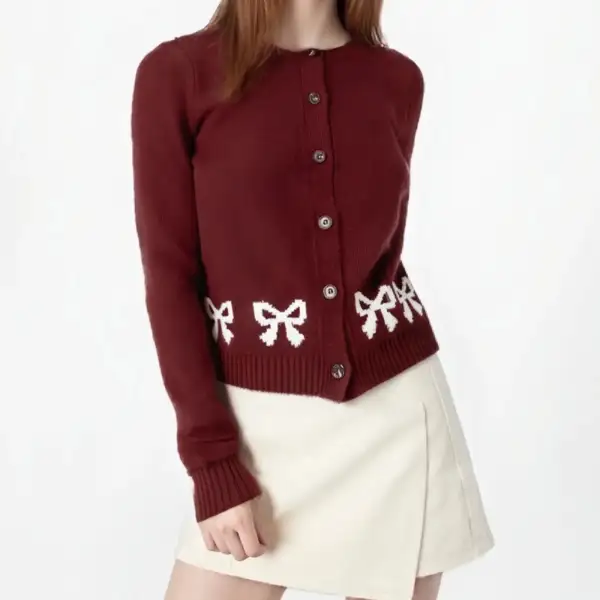 Bow Print Crew Neck Knit Cardigan