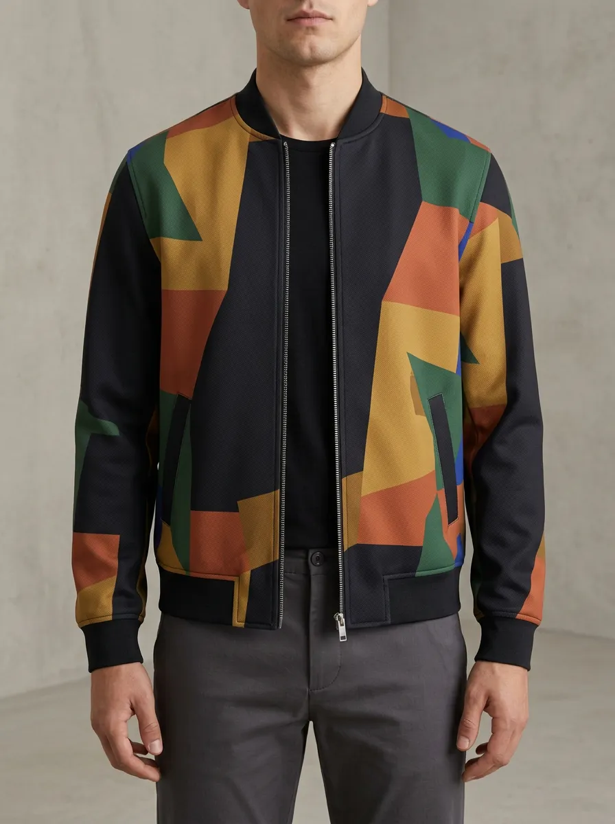 Geometric Print Ribbed Trim Metal Zip Bomber Jacket