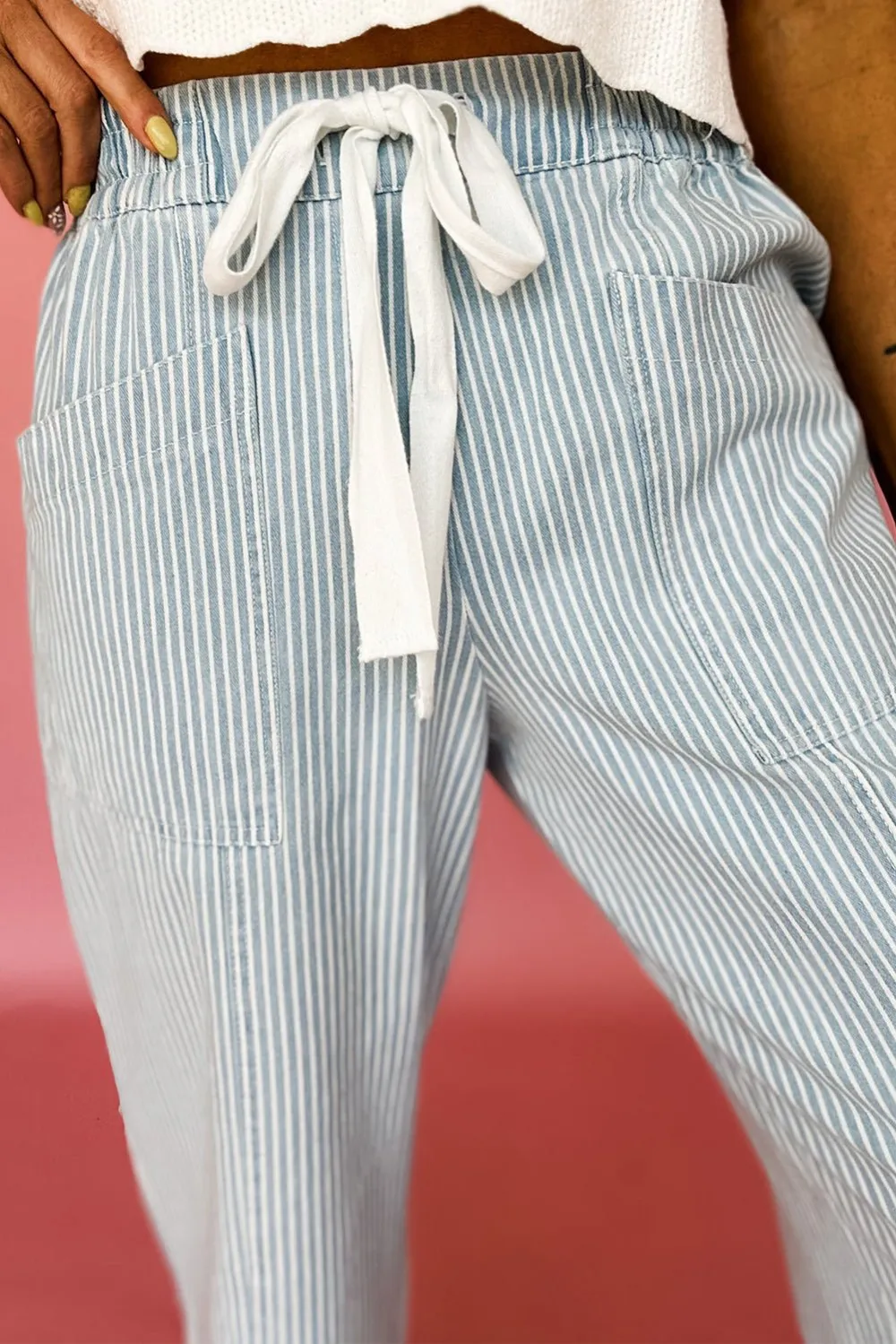 Striped Mid Rise Drawstring Pocketed Casual Jeans