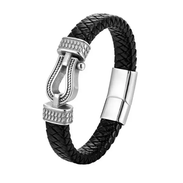 Leather Horseshoe Shaped Titanium Steel Braided Magnetic Bracelet