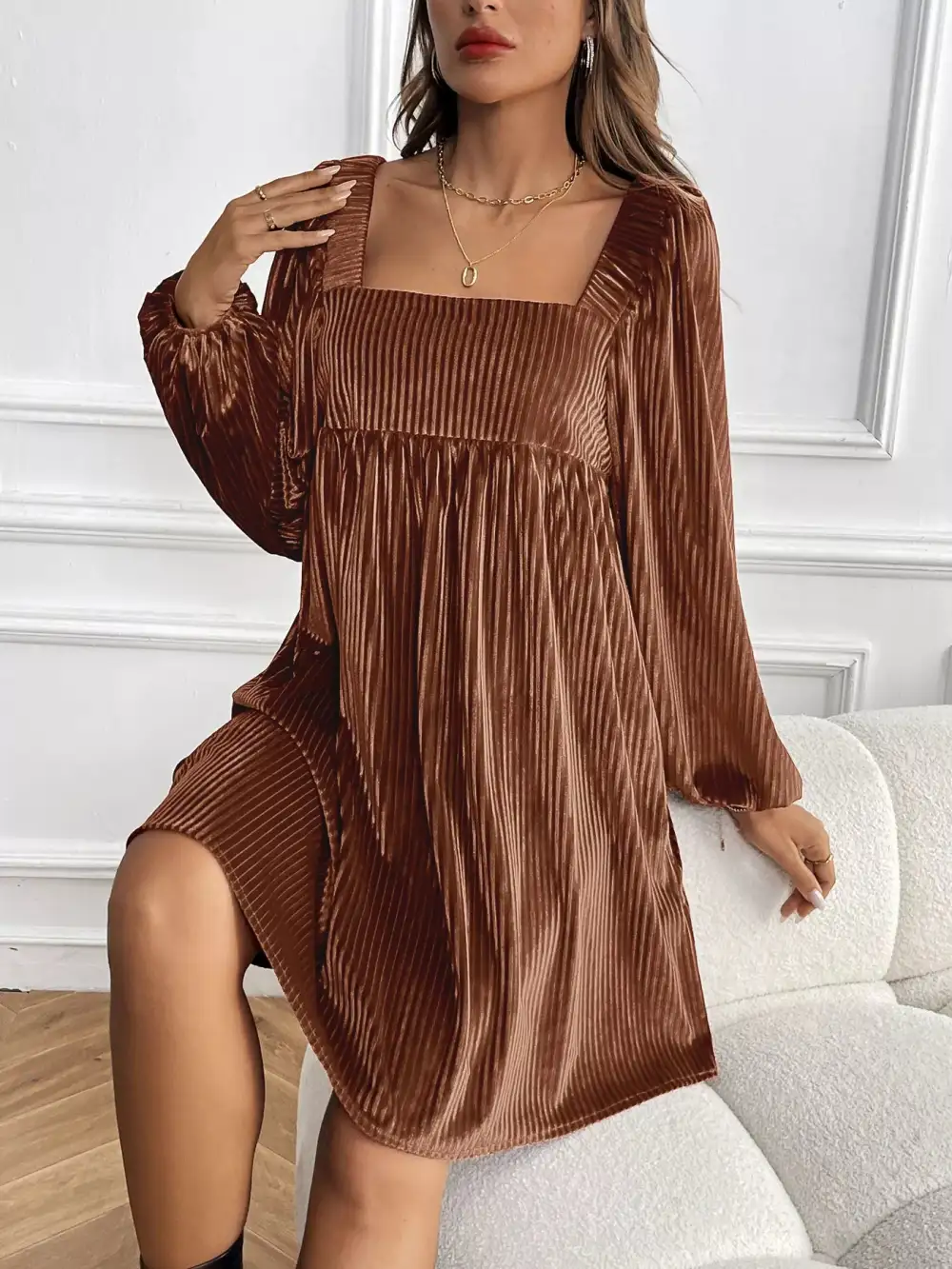 Soft Touch Velvet Square Neck Long Sleeve Dress