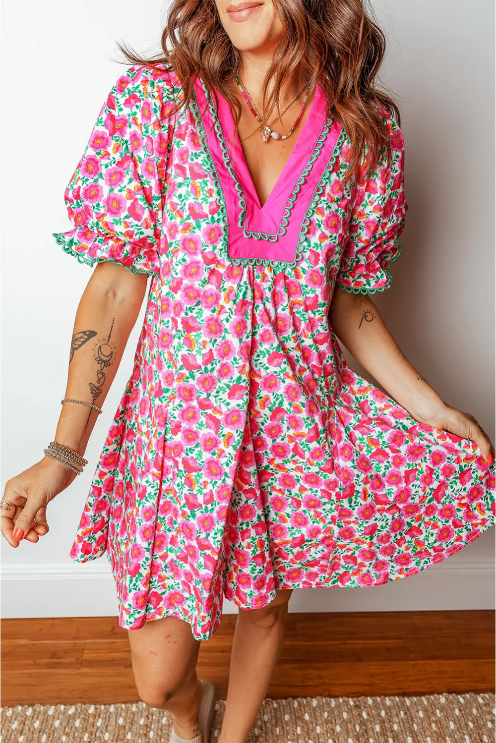 Structured Shape Floral Patchwork V Neck Mini Dress