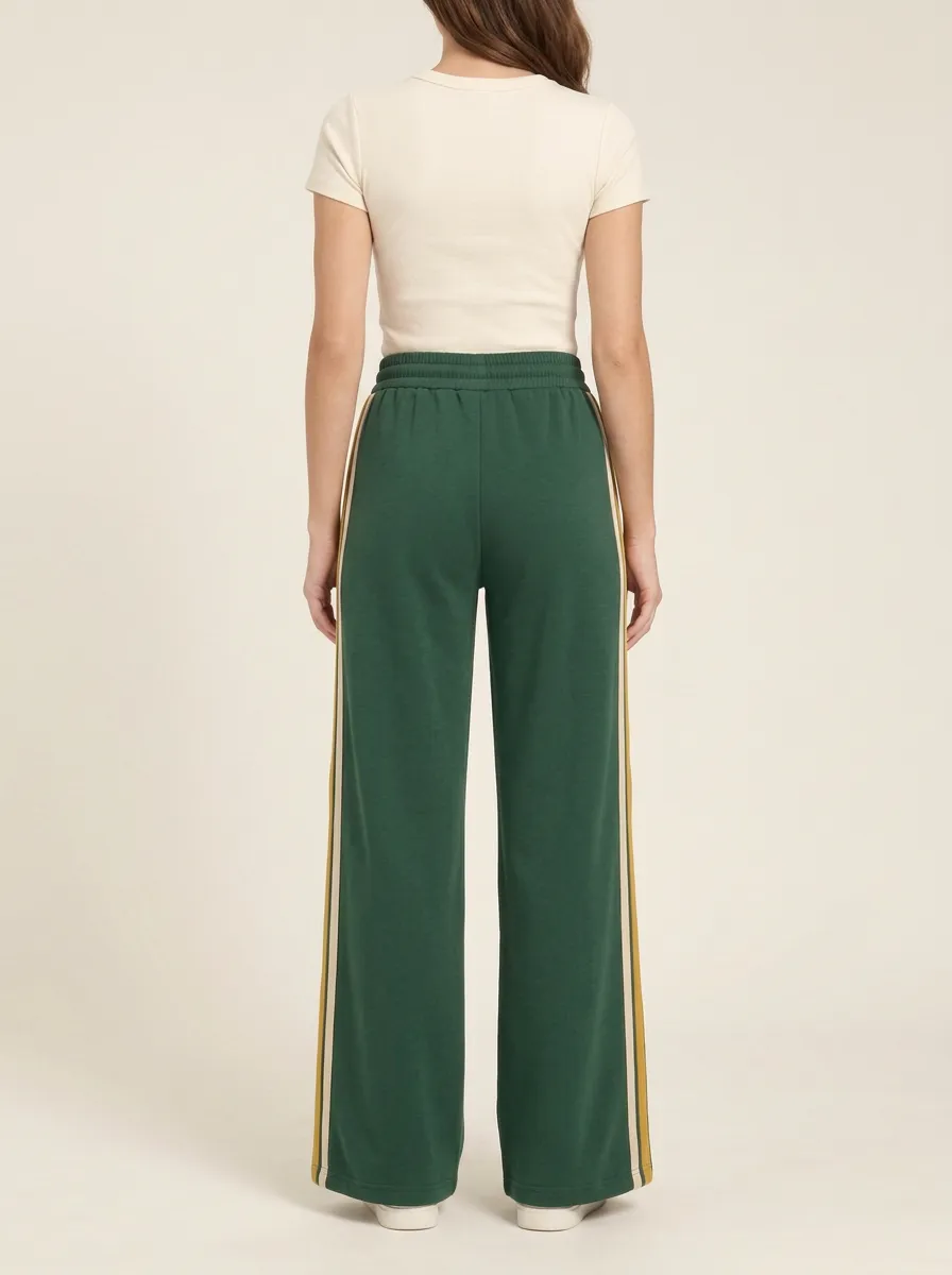 Women's High-Rise Drawstring Pintuck Side-Stripe Wide-Leg Track Pants