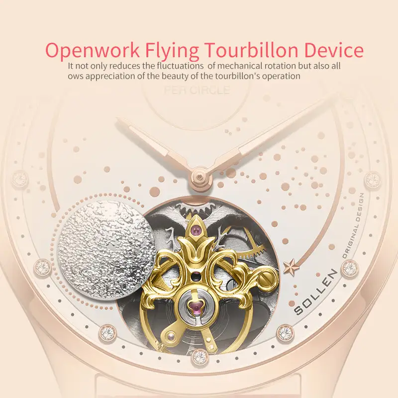 Sollen SL465 Multi-Function Automatic Watch - Women's Genuine Leather Open-Heart Flywheel Wristwatch