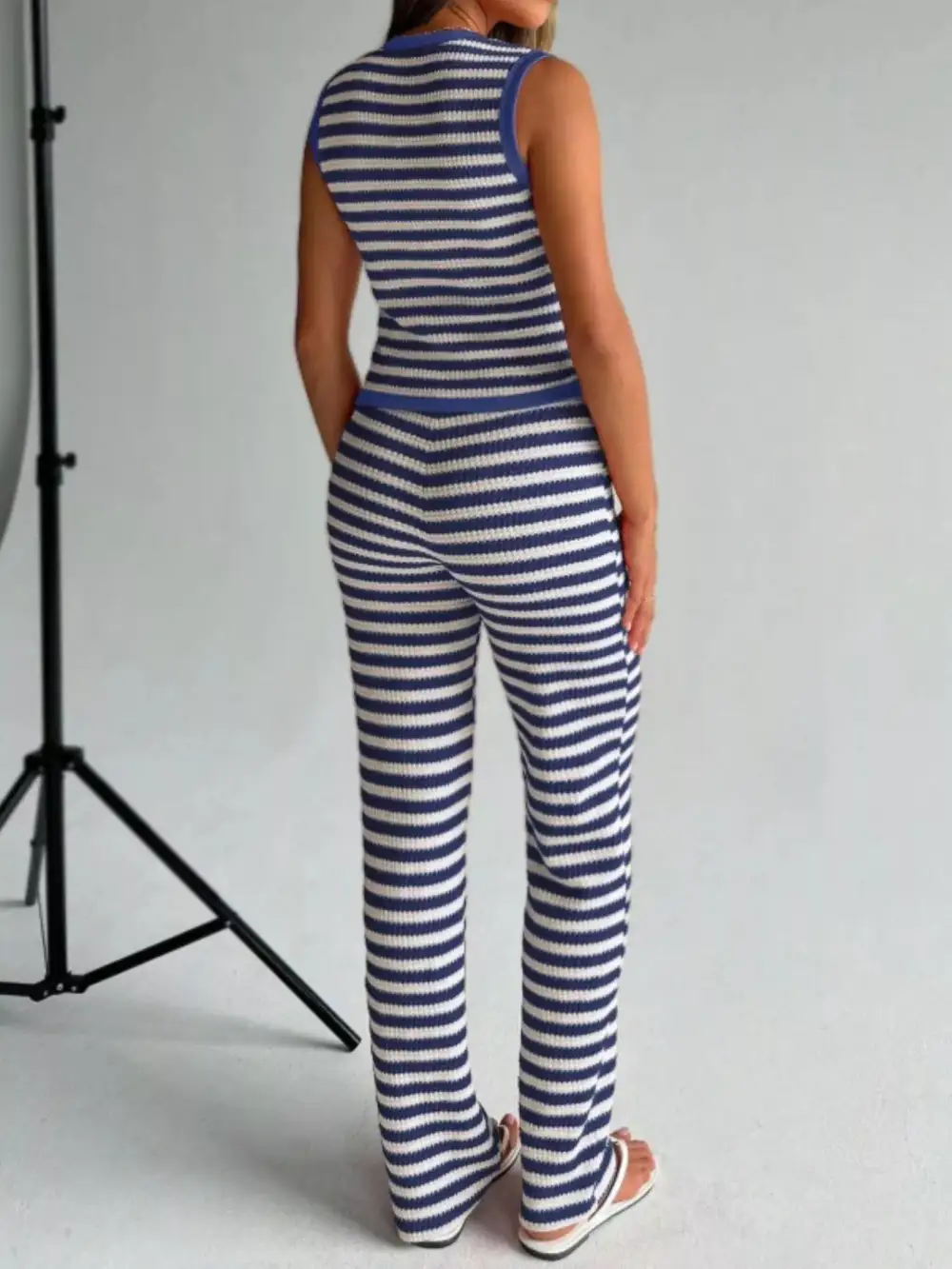 Striped Knit V Neck Button Up Sleeveless Top and Pants
