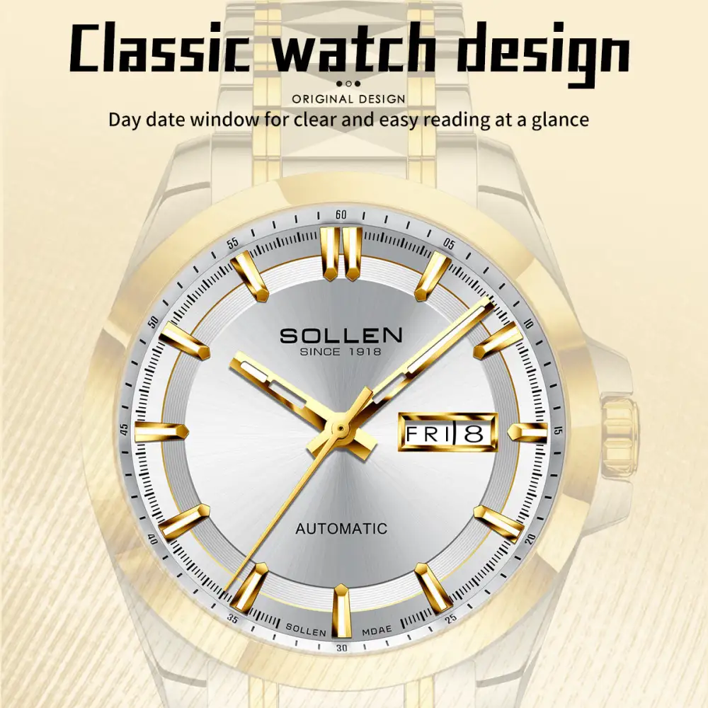 Sollen 9085 Automatic Watch - Men's Dress Citizen 8205 Sunray Dial Day Date 13 Luminous Marker 7-Bead Steel Bracelet Wristwatch