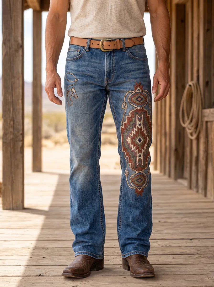 Men's Classic Western Cowboy Horse Southwestern Geometric Jeans