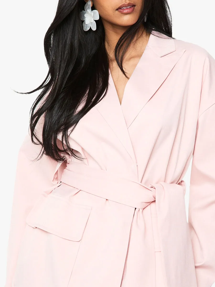Light Pink Belted Asymmetric Blazer Dress