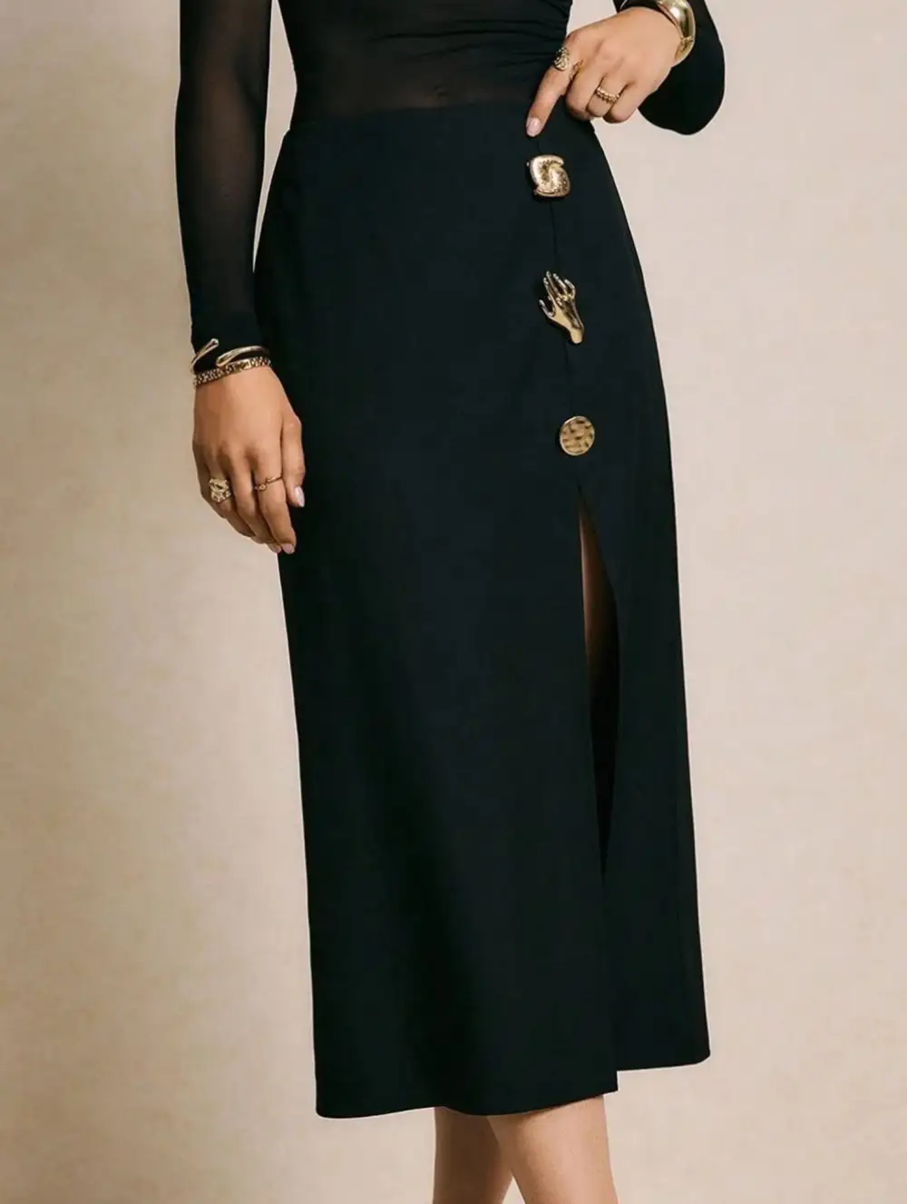 Bodycon Metal Detail Slit Midi Skirt