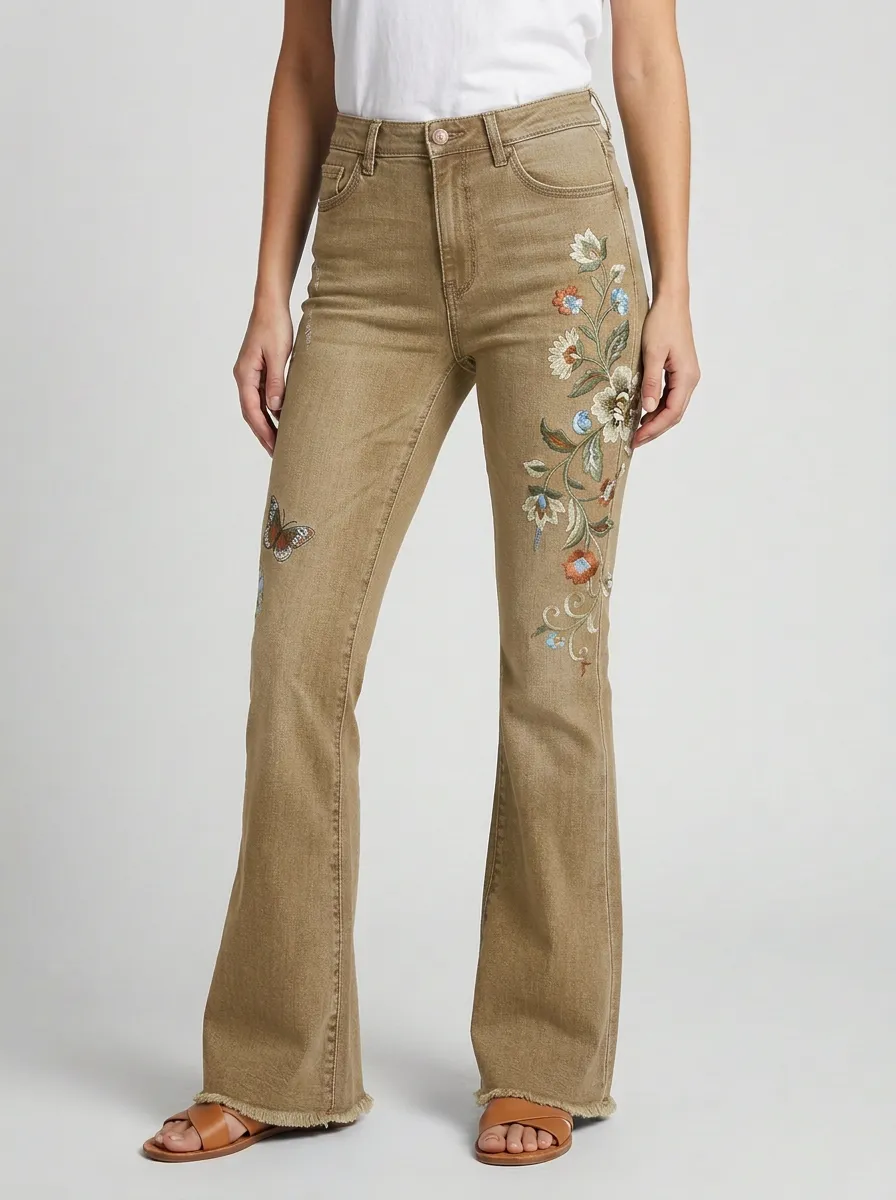 Women's Medium Wash Floral Butterfly Five-Pocket Flare Jeans