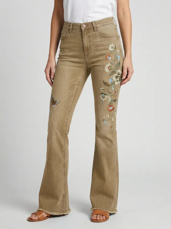 Women's Medium Wash Floral Butterfly Five-Pocket Flare Jeans