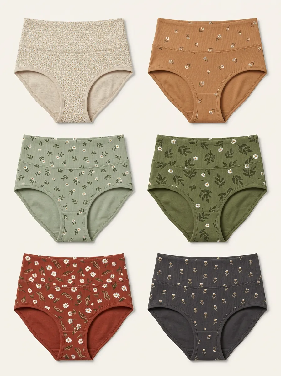 Women's Daisy-Botanical Ribbed High-Rise Full-Coverage Brief Set