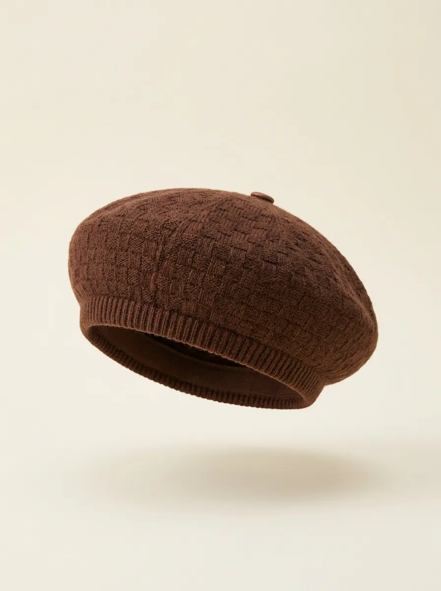 Unisex Brown Textured Knit Beret