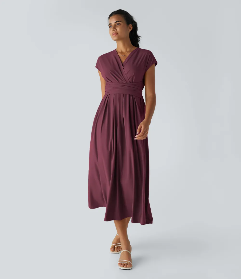 Breezeful V Neck Short Sleeve Side Pocket Tie Back Quick Dry Midi Casual Dress
