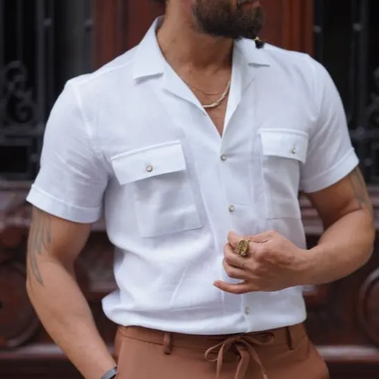 Classic Short Sleeve Slim Fit Linen Casual Shirt