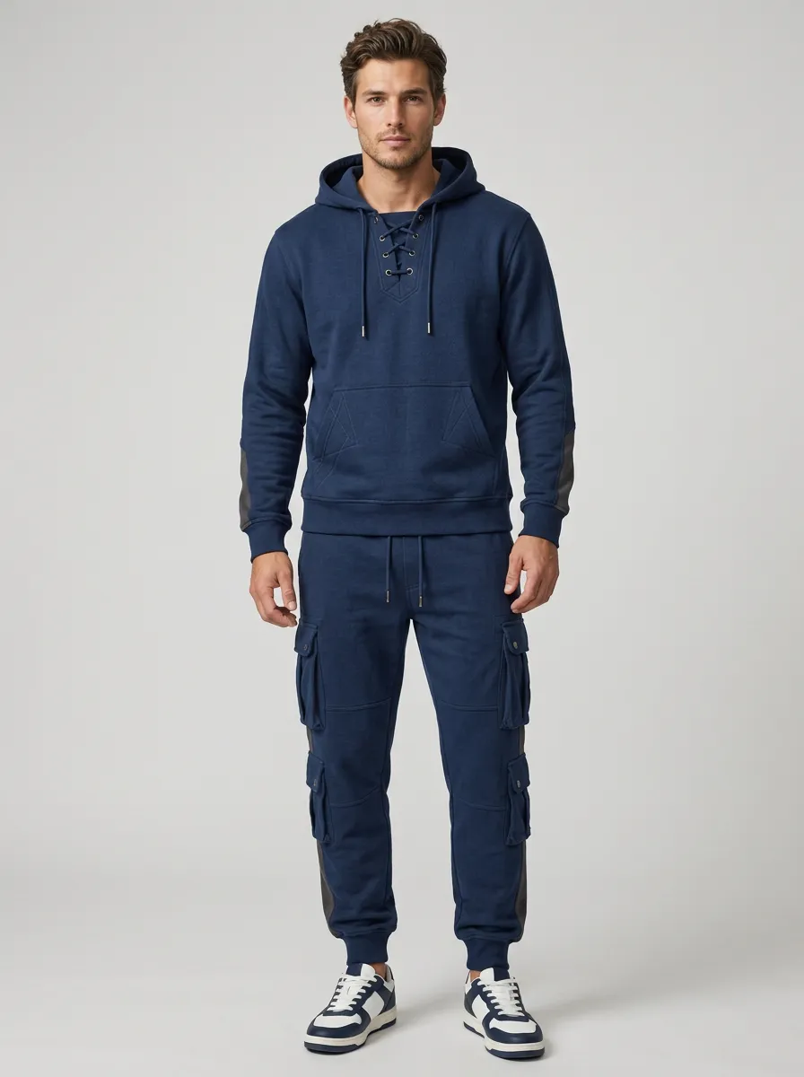 Functional Lace-Up Multi Pocket Profile Men's Lace Up Hoodie And Cargo Jogger Set