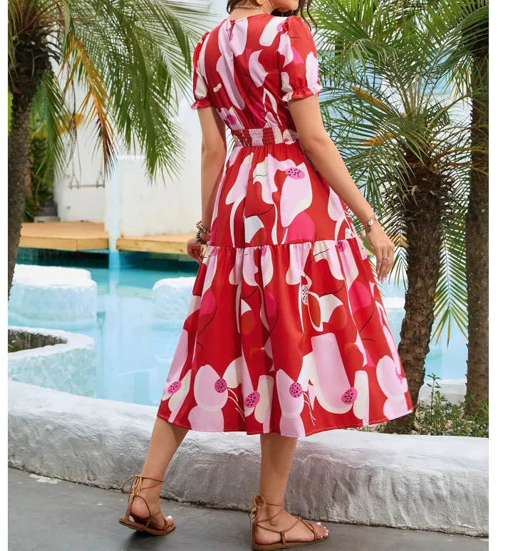Round Neck Flounce Sleeve Midi Dress
