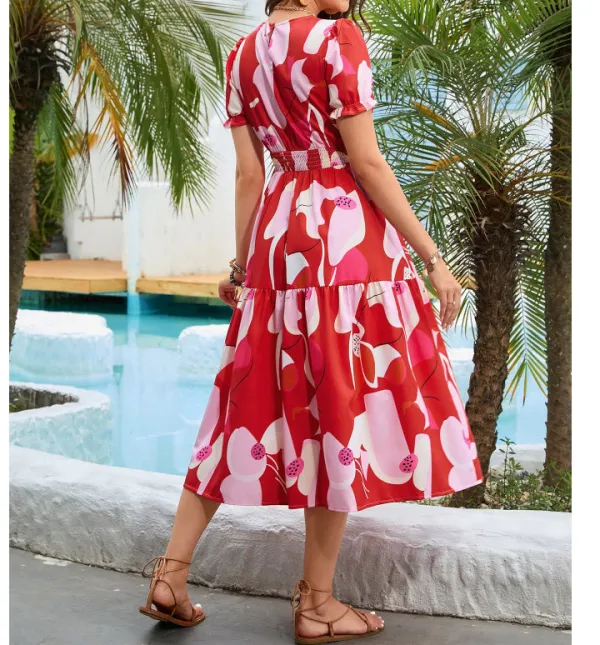 Round Neck Flounce Sleeve Midi Dress