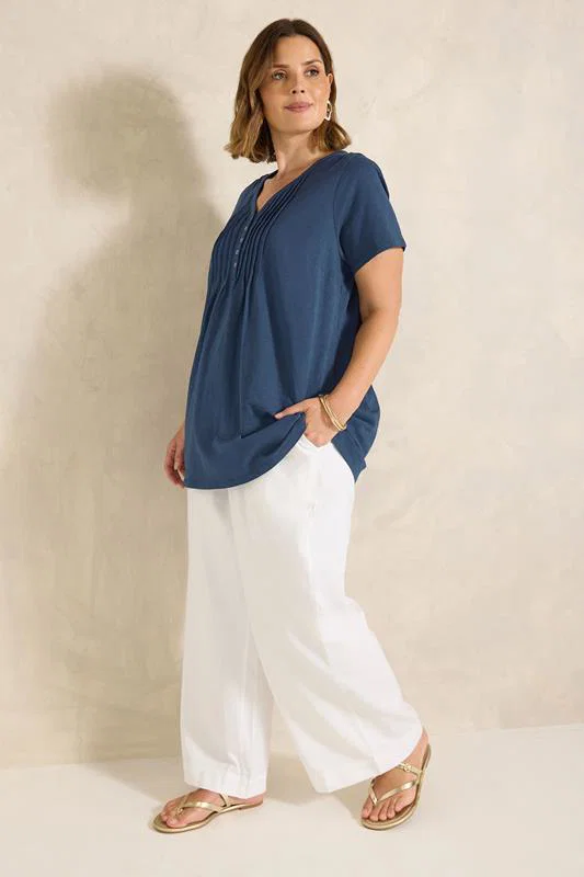 Navy Blue Short Sleeve Cotton Henley Top detail 1