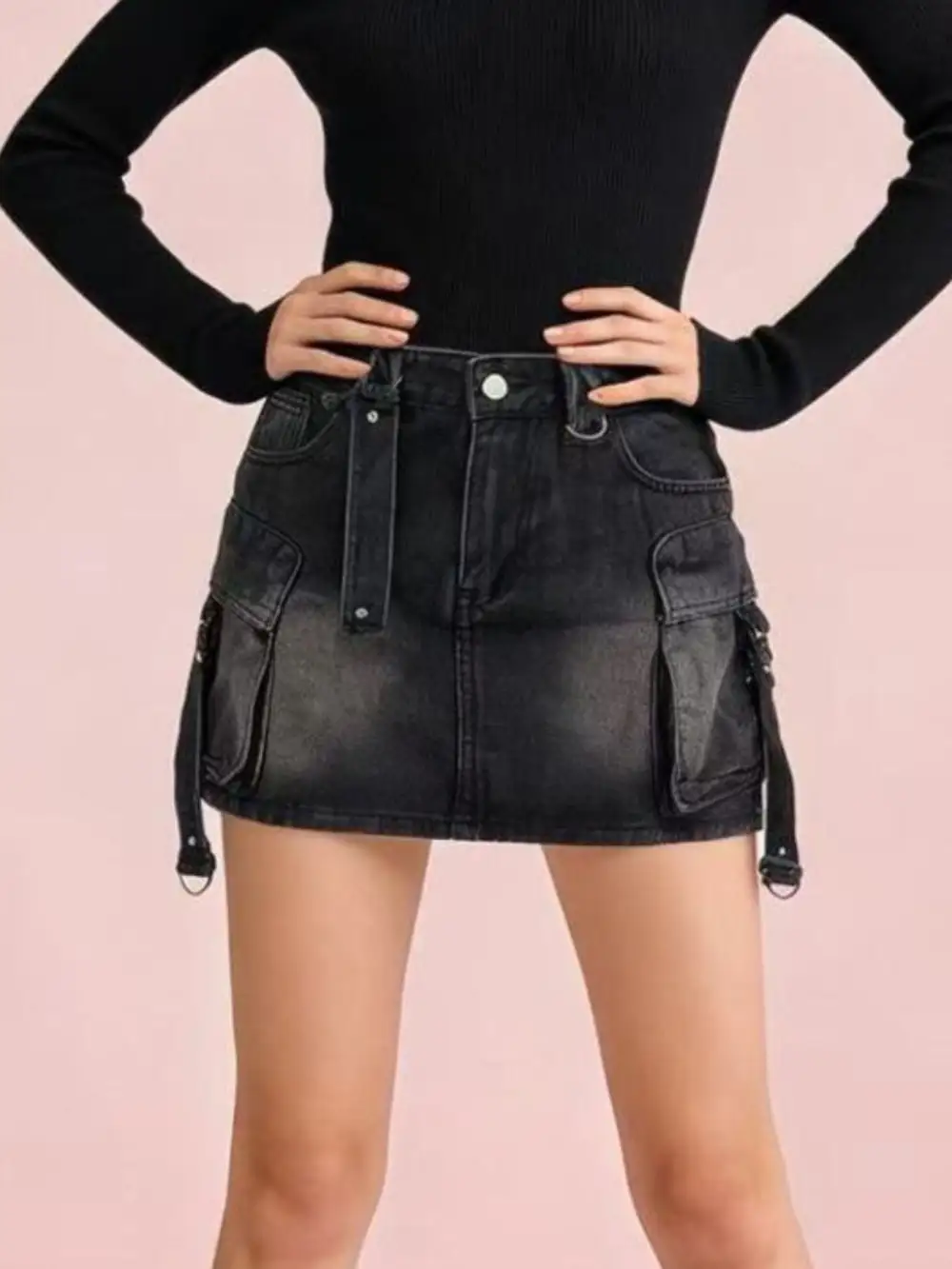 Comfort Button Front Denim Detail Skirt