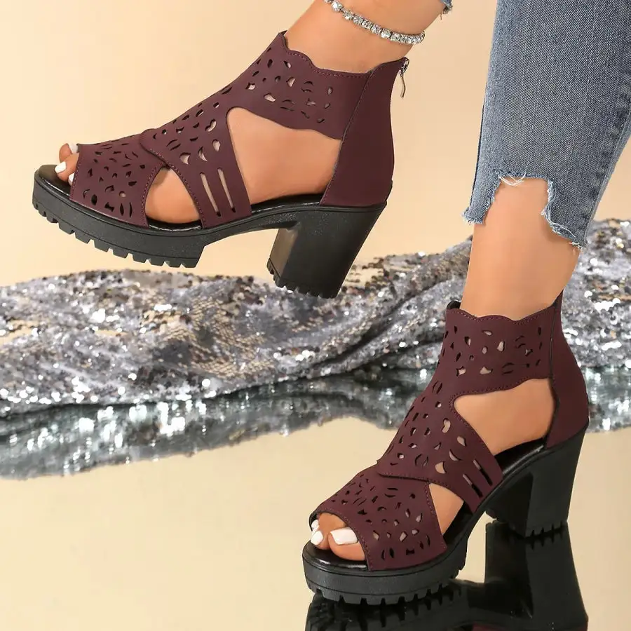 Refined Cutout Block Heels Sandals