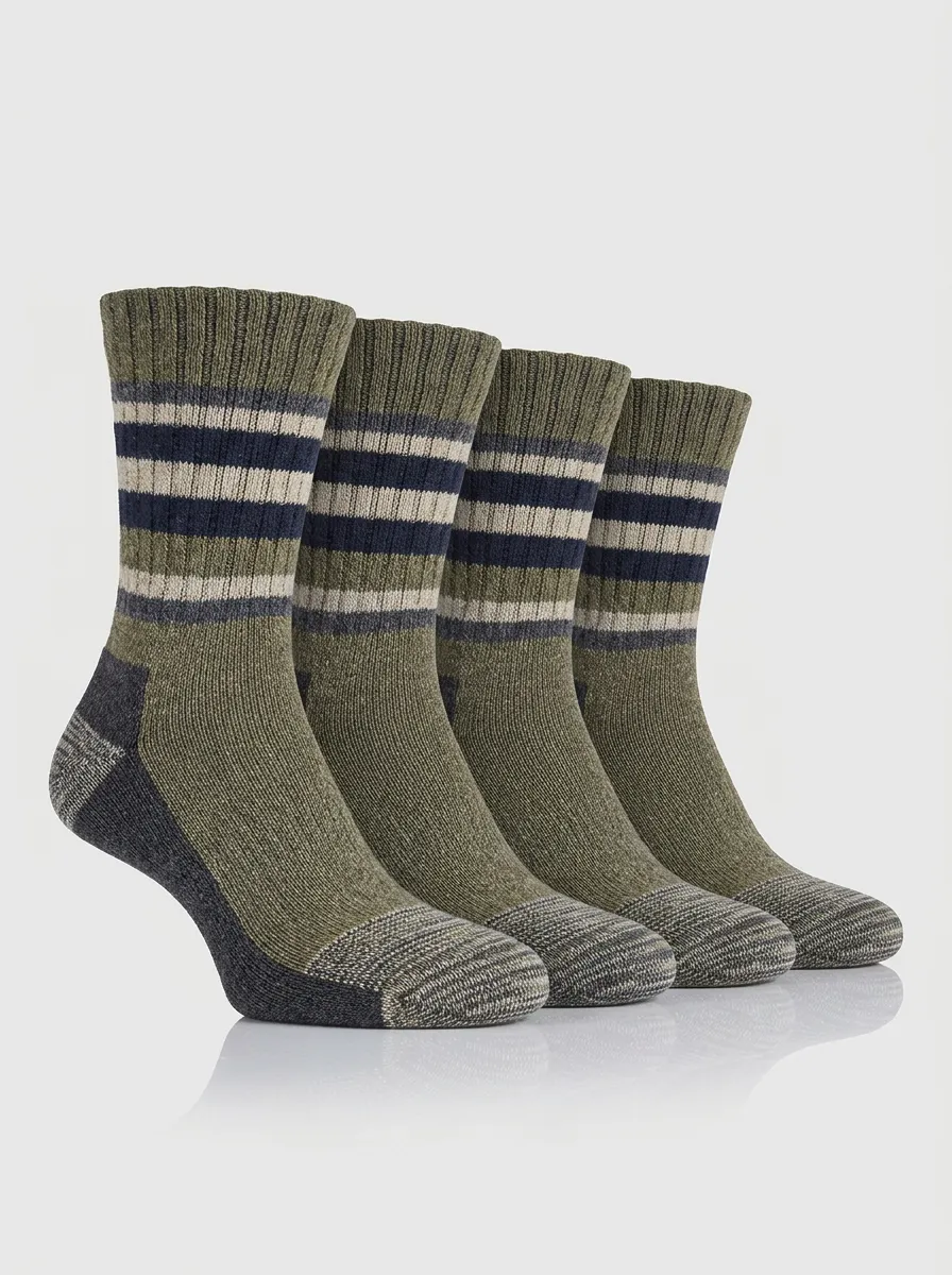 Men's Crew Socks Four-Pair Pack with Striped Ribbed Texture Textured Crew Length