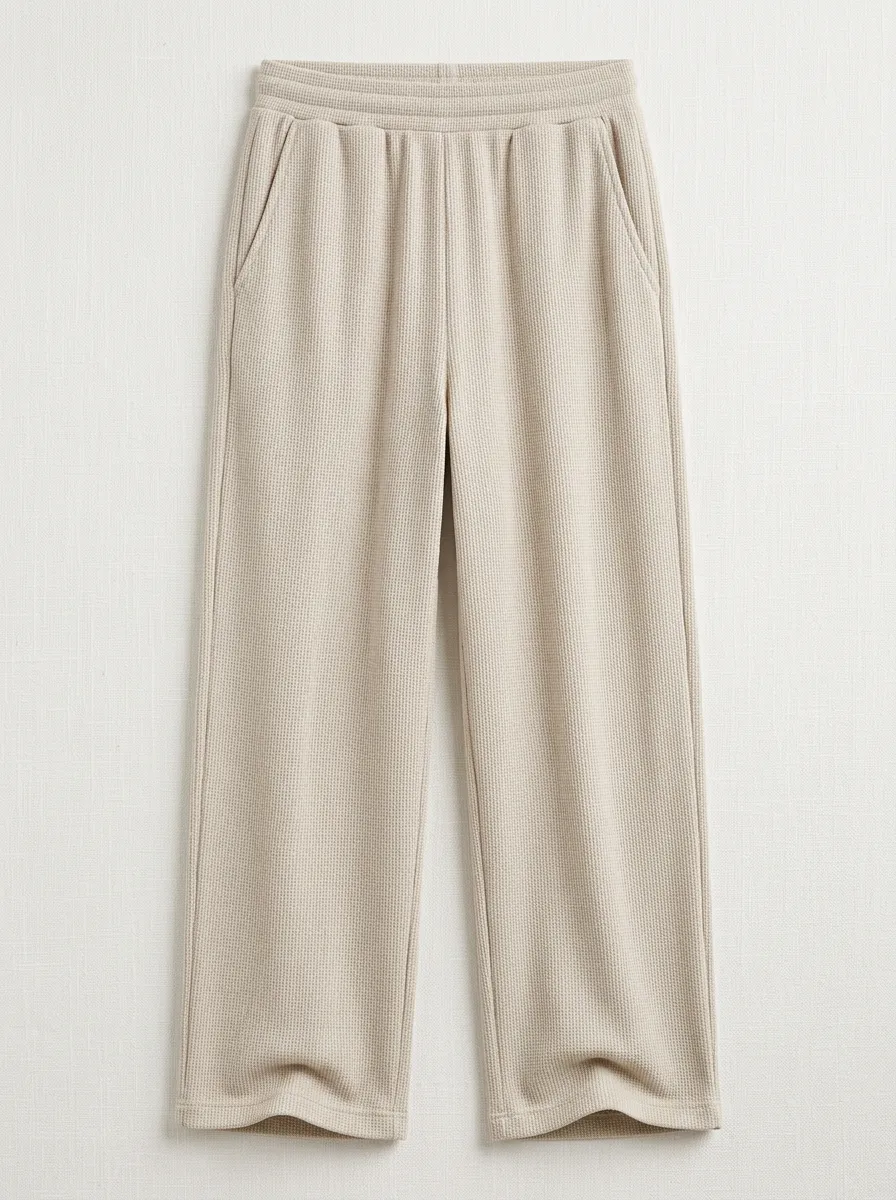 Casual Unisex Casual Beige Waffle Knit Elastic Waist Lounge Pants