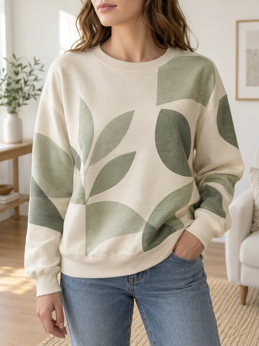 Women's Botanical Abstract Sage Green Printed Fleece Sweatshirt