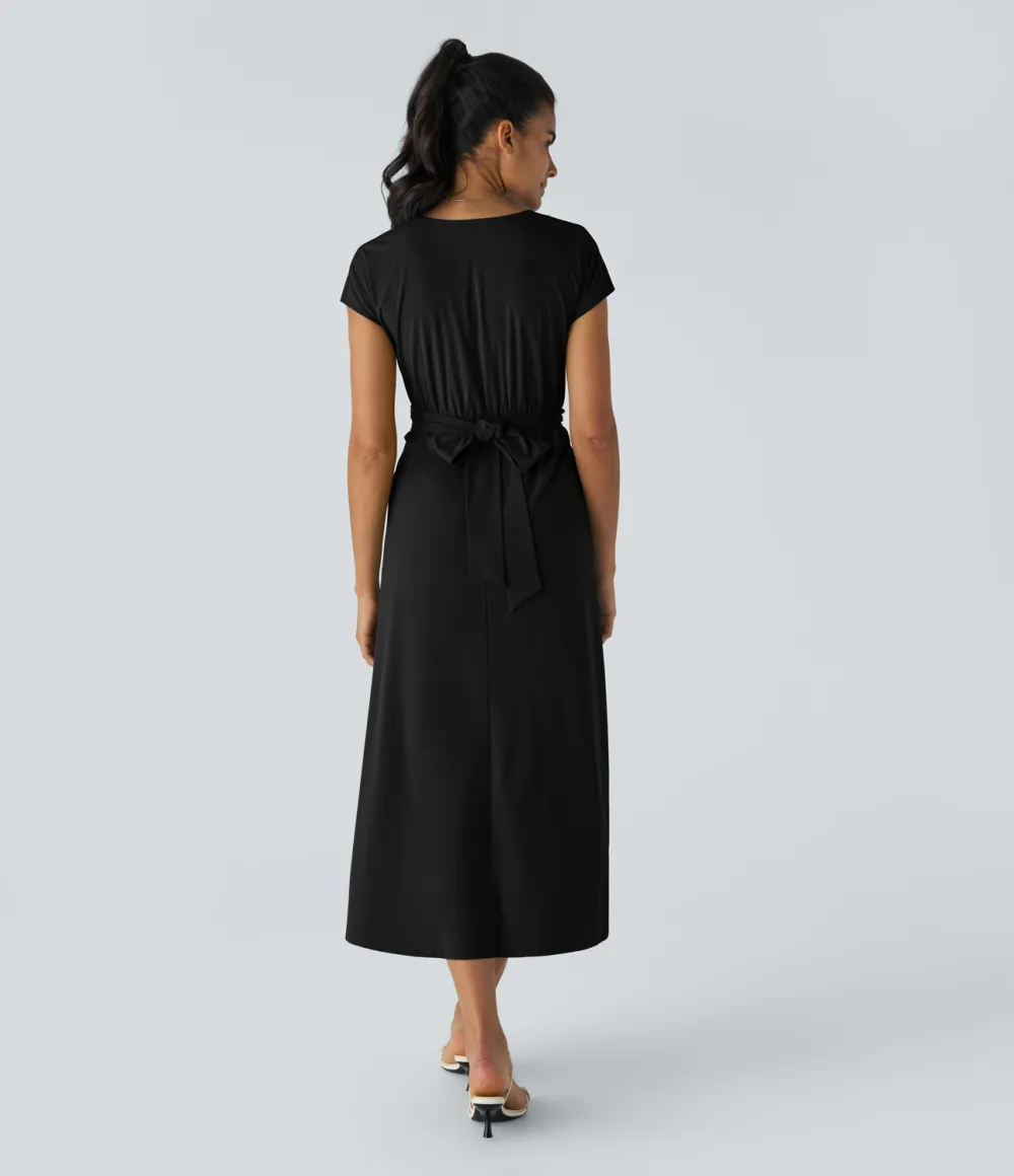 Breezeful V Neck Short Sleeve Side Pocket Tie Back Quick Dry Midi Casual Dress
