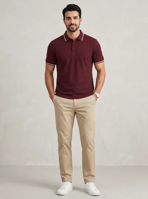 Men's Navy Blue White Light Blue Tipped Textured Polo Shirt