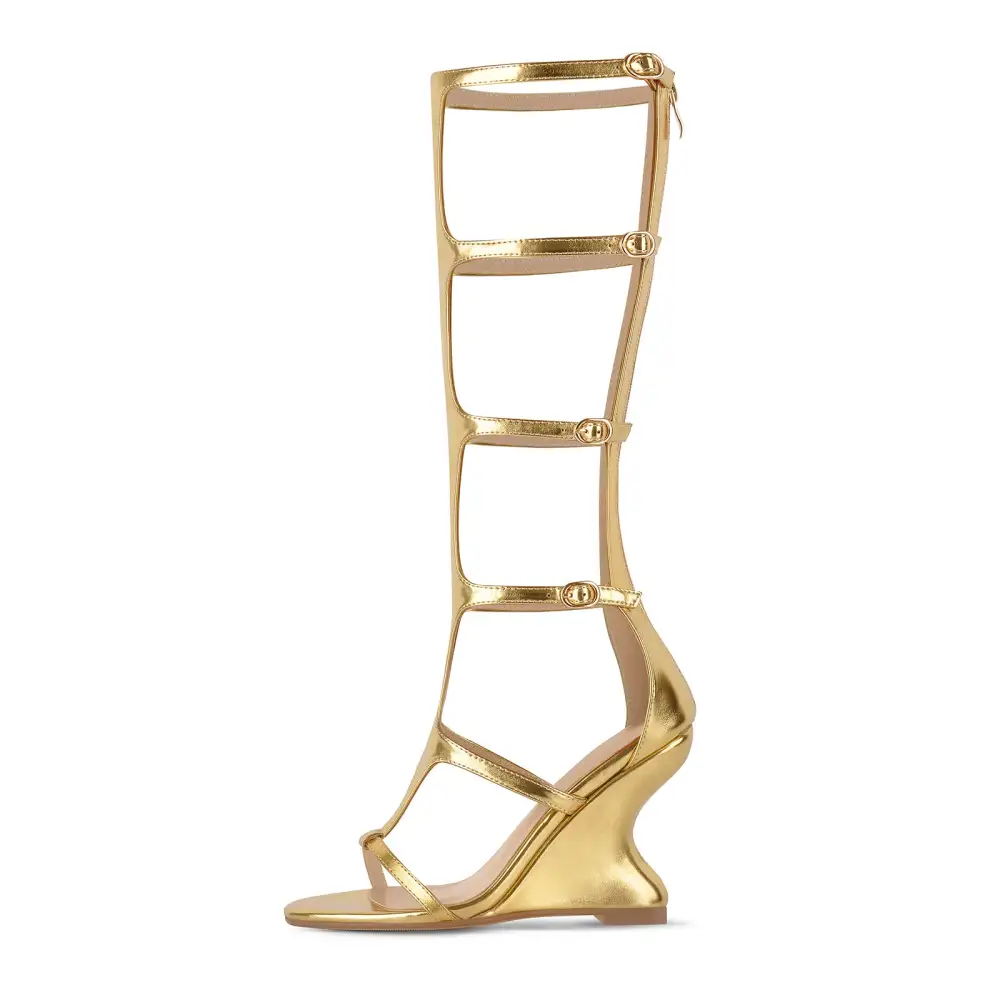 Round Toe Multi Buckles T-Strap Wedge Heel Sandals