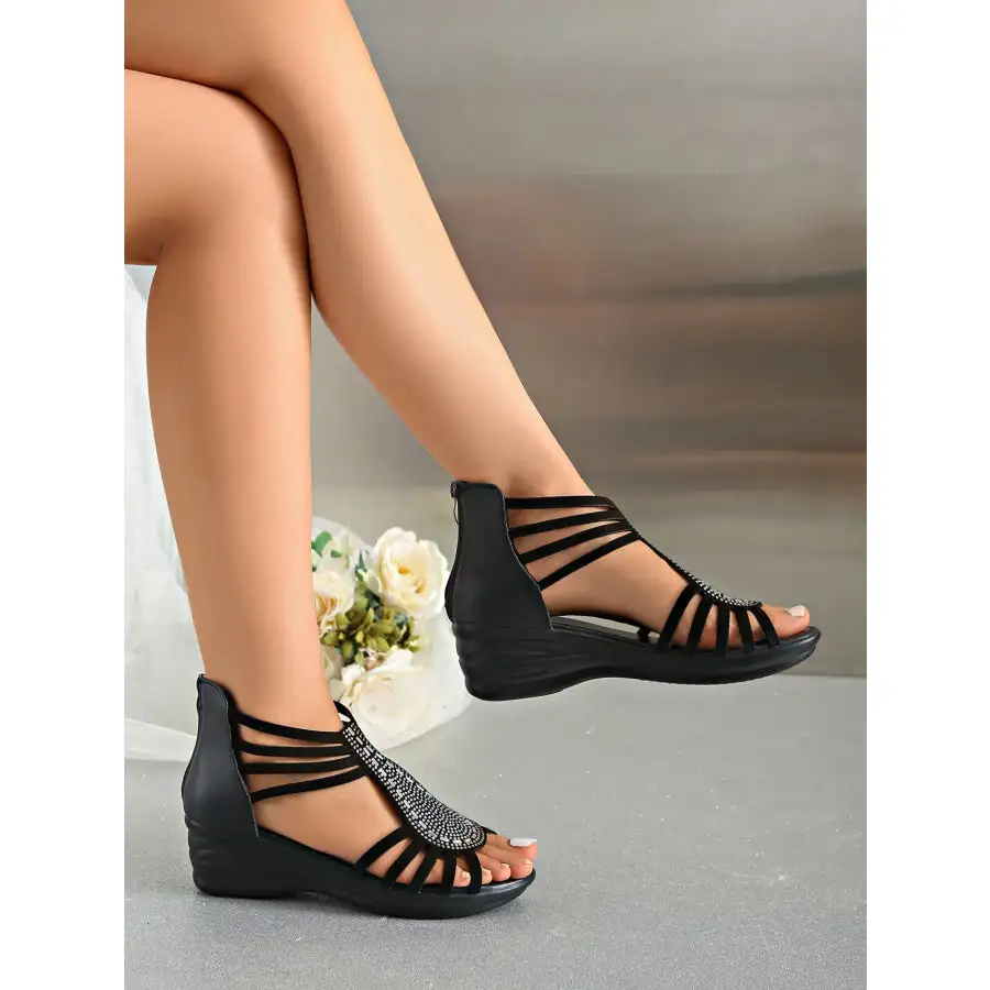Rhinestone Embellished Strappy Wedge Sandals