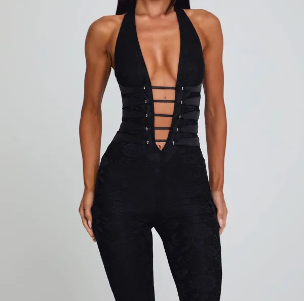 Black Lace Mesh Halter Jumpsuit