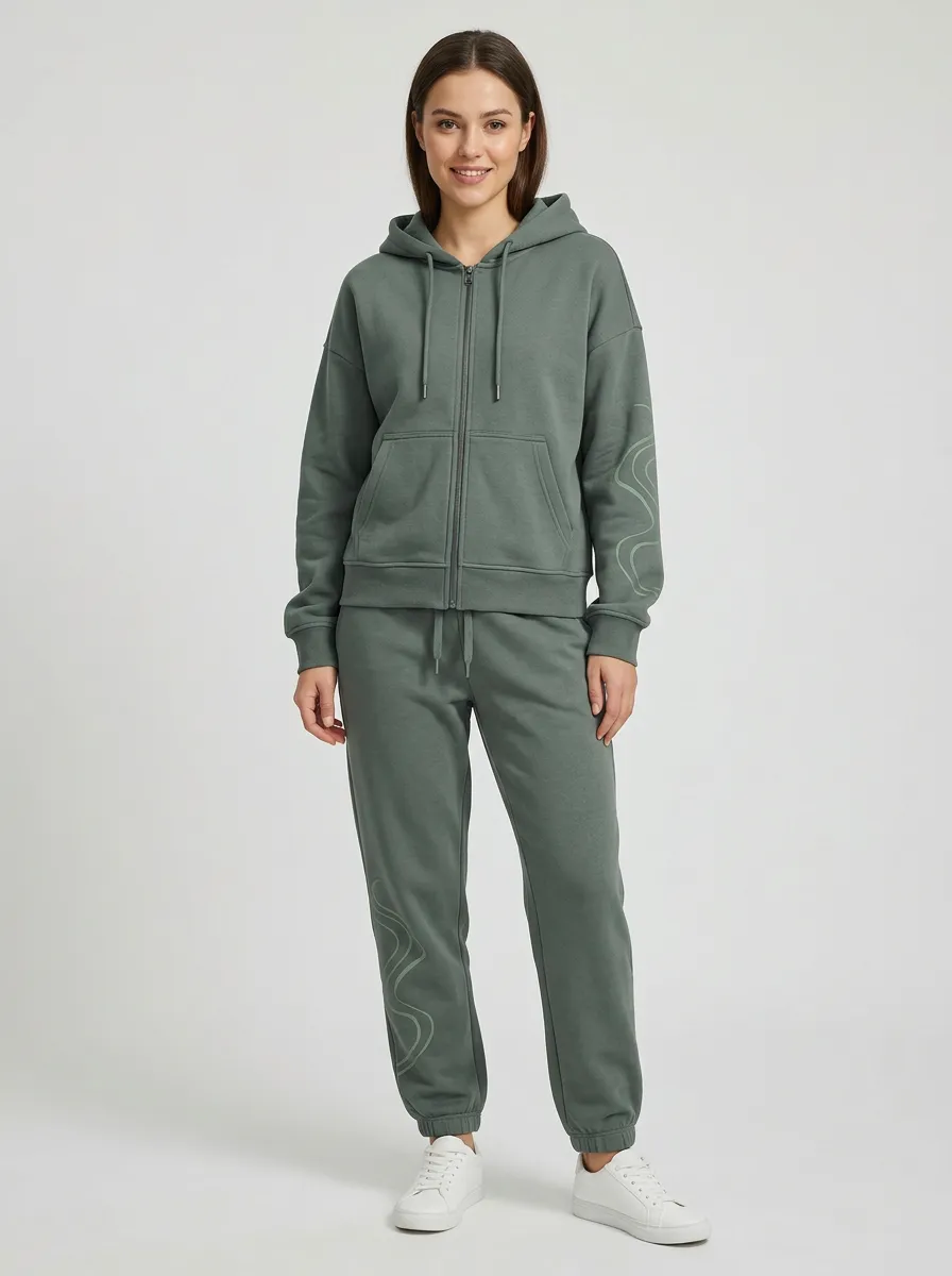 Women's Sage Green Abstract Graphic Zip-Up Hoodie Jacket & Jogger Set