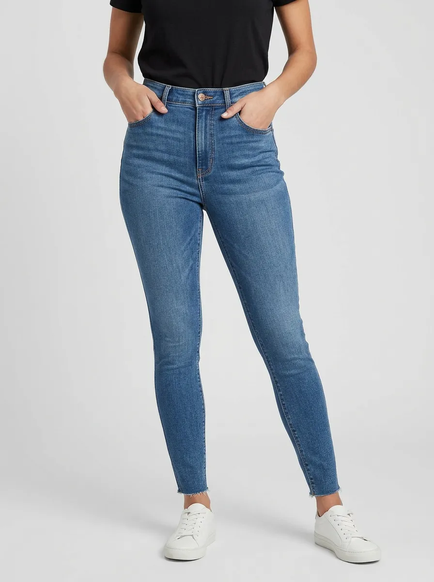 Women's Casual Blue Denim Raw Hem Slim Jeans