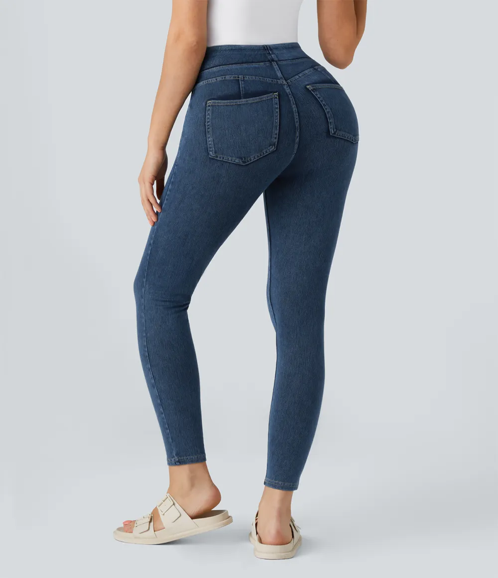 Magic Curvy High Waisted Decorative Button Multiple Pockets Stretchy Knit Denim Casual 7/8 Leggings